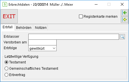 Das Detailsfenster für Erbrecht bzw. Erbrechtdaten: die Registerkarte "Erbfall"