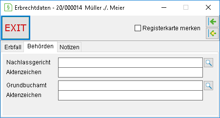 Das Detailsfenster für Erbrecht bzw. Erbrechtdaten: die Registerkarte "Behörden"