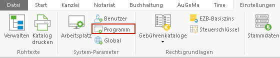 Menüband "Einstellungen" mit hervorgehobenem Button Programm