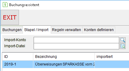 Das Fenster "Buchungsassistent": die Registerkarte "Stapel / Import"