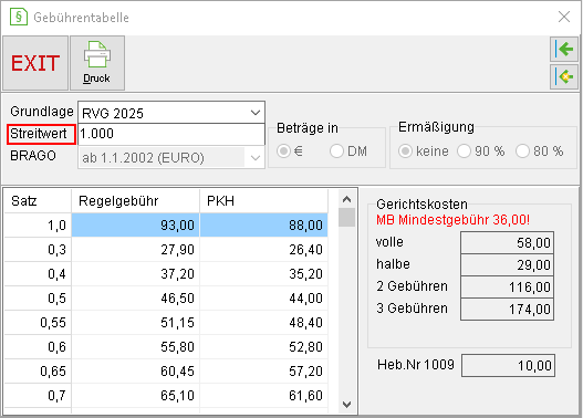 Das Fenster "Gebührentabelle"