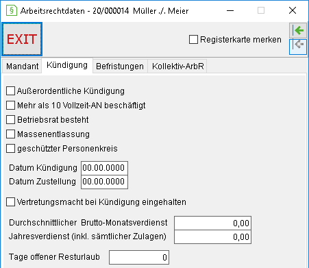 Das Detailsfenster für Arbeitsrecht: die Registerkarte "Kündigung"