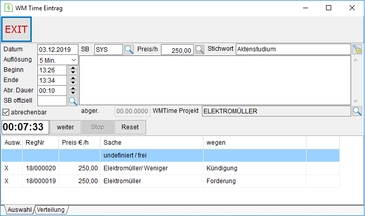 Das Fenster "WM Time Eintrag" mit Zeiterfassungseinträgen