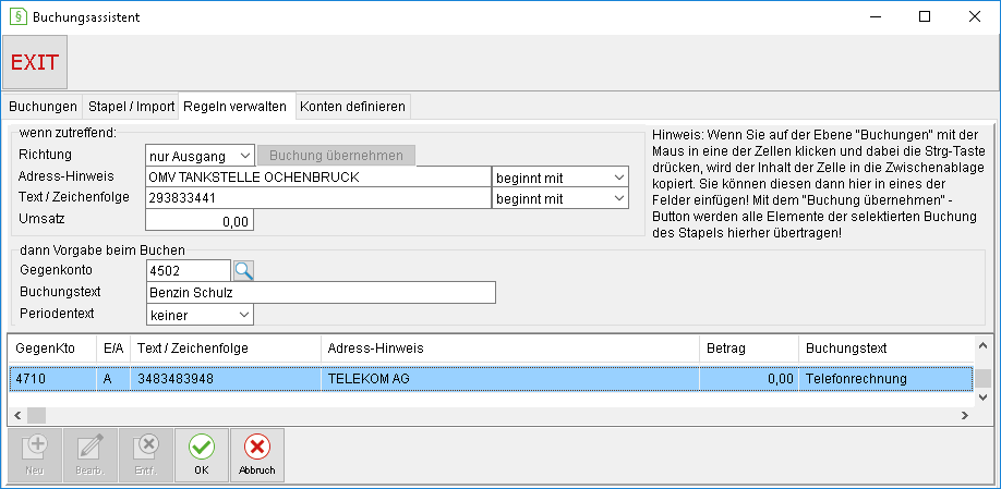 Das Fenster "Buchungsassistent": die Registerkarte "Regeln verwalten"