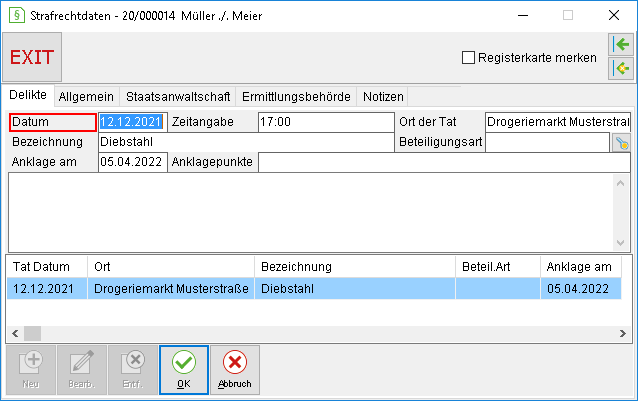 Das Detailsfenster für Strafrecht bzw. Strafrechtsdaten: die Registerkarte "Delikte"