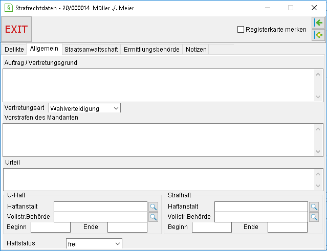 Das Detailsfenster für Strafrecht: die Registerkarte "Allgemein"