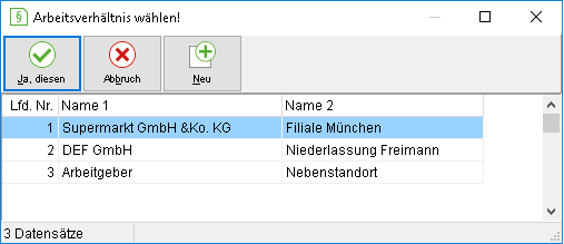 Das Fenster "Arbeitsverhältnis wählen!"