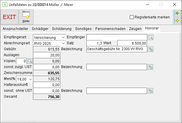 Das Detailsfenster für Unfallsachen: die Registerkarte "Honorar"