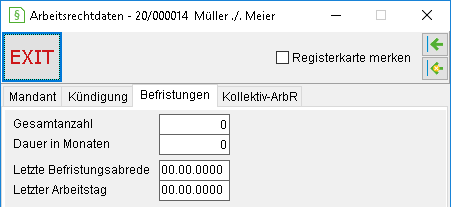 Das Detailsfenster für Arbeitsrecht: die Registerkarte "Befristungen"