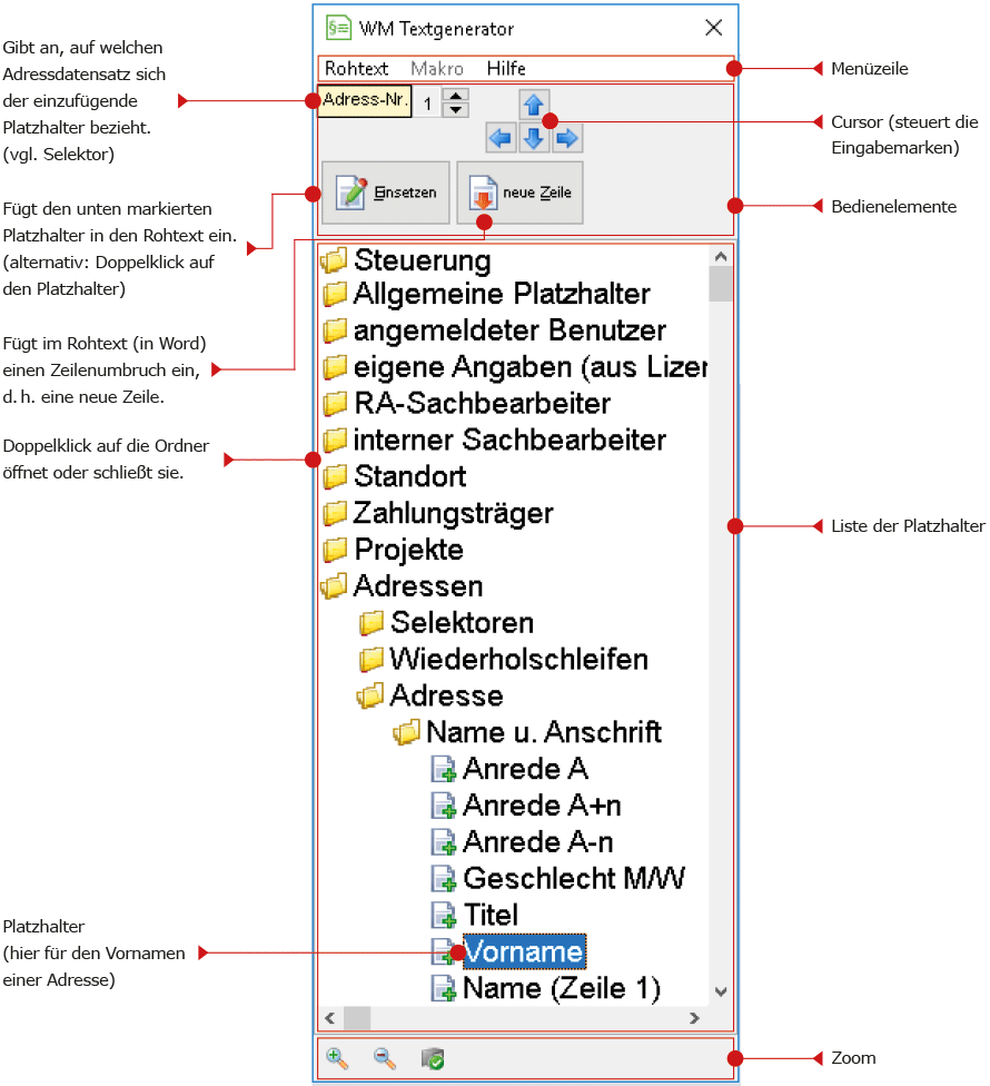 Textgenerator mit Beschriftung der Bedienelemente