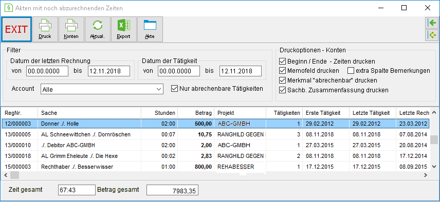 Das Fenster "Akten mit noch abzurechnenden Zeiten"