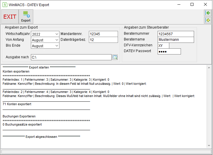 Das Fenster "Winmacs – DATEV Export"