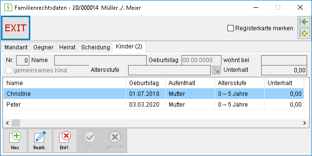 Das Detailsfenster für Familiensachen: die Registerkarte "Kinder"