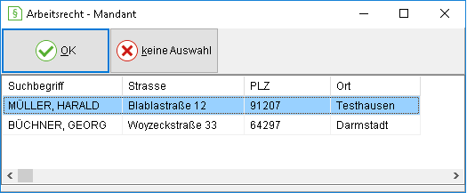 Das Fenster "Arbeitsrecht – Mandant"