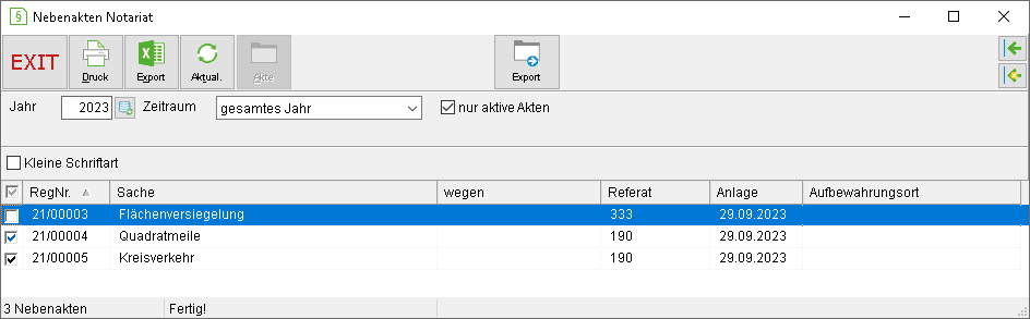 Das Fenster "Nebenakten"