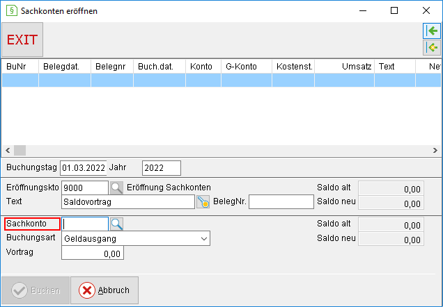 Das Fenster "Sachkonten eröffnen"