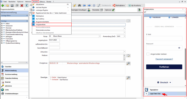 Aufgabenleiste in Advoware