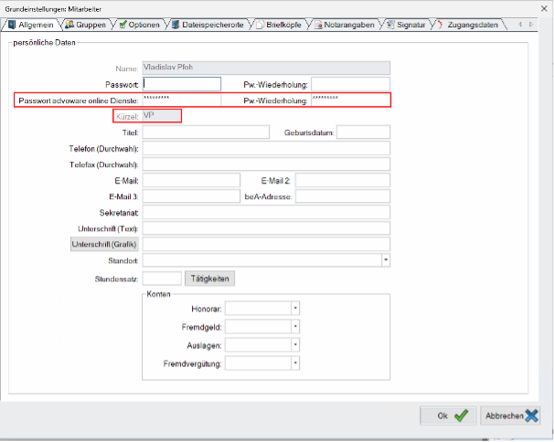 Benutzerdaten in Advoware