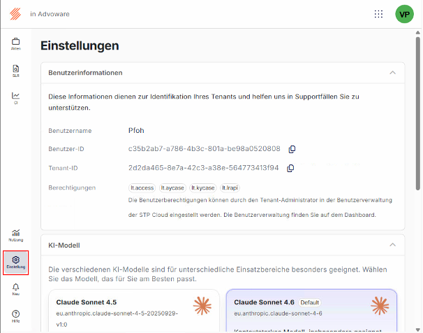 Legal Twin Einstellungen