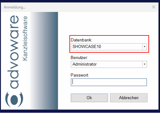 Datenbankname im Advowarelogin