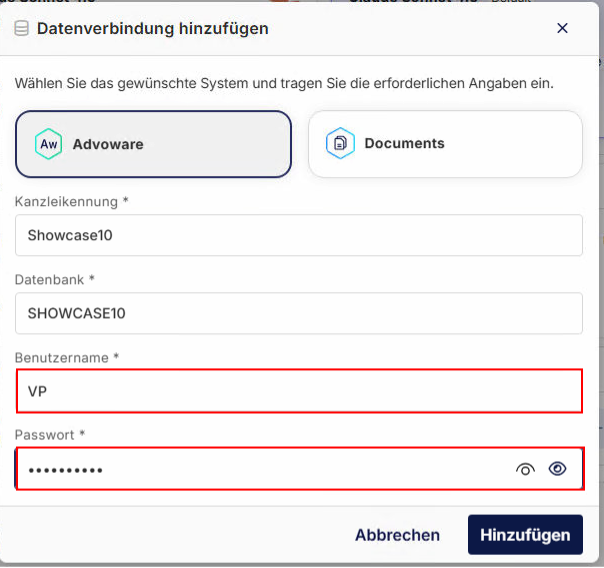 Database connection with data