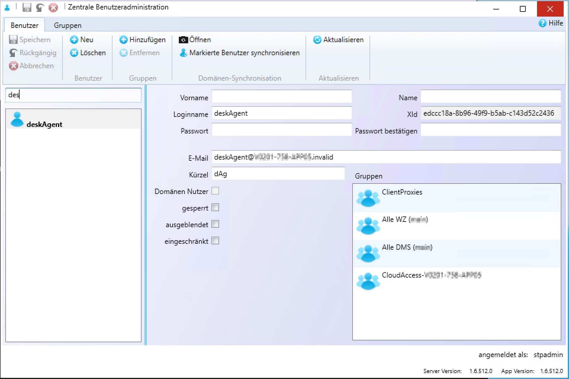 Dialog zur Benutzeranlage in der Zentralen Benutzeradministration (STP Usermanagement (OnPrem)). Im Vordergrund ein Formular mit Feldern für Loginnamen, Passwort, E-Mail-Adresse und Kürzel. Darunter eine Liste mit auswählbaren Gruppen, darunter ClientProxies, Alle WZ(…), Alle DMS(…) und CloudAccess-TenantName.