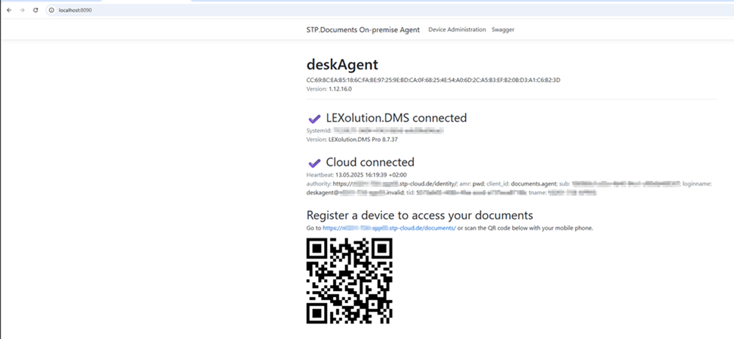 Screenshot des STP Documents OnPremiseAgent Web-Interfaces mit Statusanzeige. Hauptbereich zeigt Verbindungsstatus zu LEXolution.DMS und STP Cloud, beide mit grünem Symbol als verbunden markiert. Linke Navigation mit Übersicht und Protokolle.
