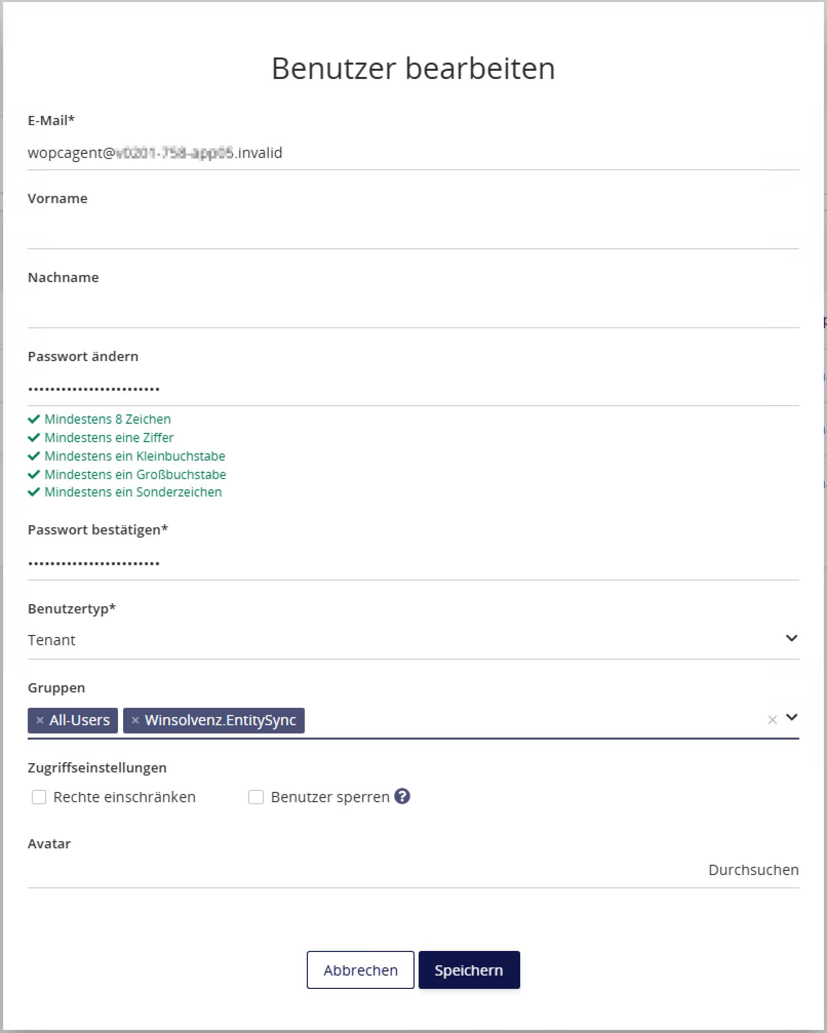Benutzerbearbeitungsdialog im User Management der STP-Cloud. Das Fenster zeigt Eingabefelder für Benutzername, Passwort und Gruppen. Die Gruppe Winsolvenz.EntitySync ist ausgewählt. Im oberen Bereich befinden sich Navigationsregisterkarten für Benutzerverwaltung.