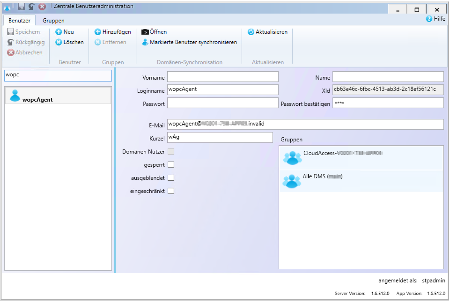 Dialog zur Benutzeranlage in der Zentralen Benutzeradministration (STP Usermanagement (OnPrem)). Das Fenster zeigt Eingabefelder für Loginnamen, Passwort, E-Mail-Adresse und Kürzel. Im unteren Bereich ist eine Liste von Benutzergruppen sichtbar, in der die Gruppe CloudAccess-TenantName ausgewählt ist.