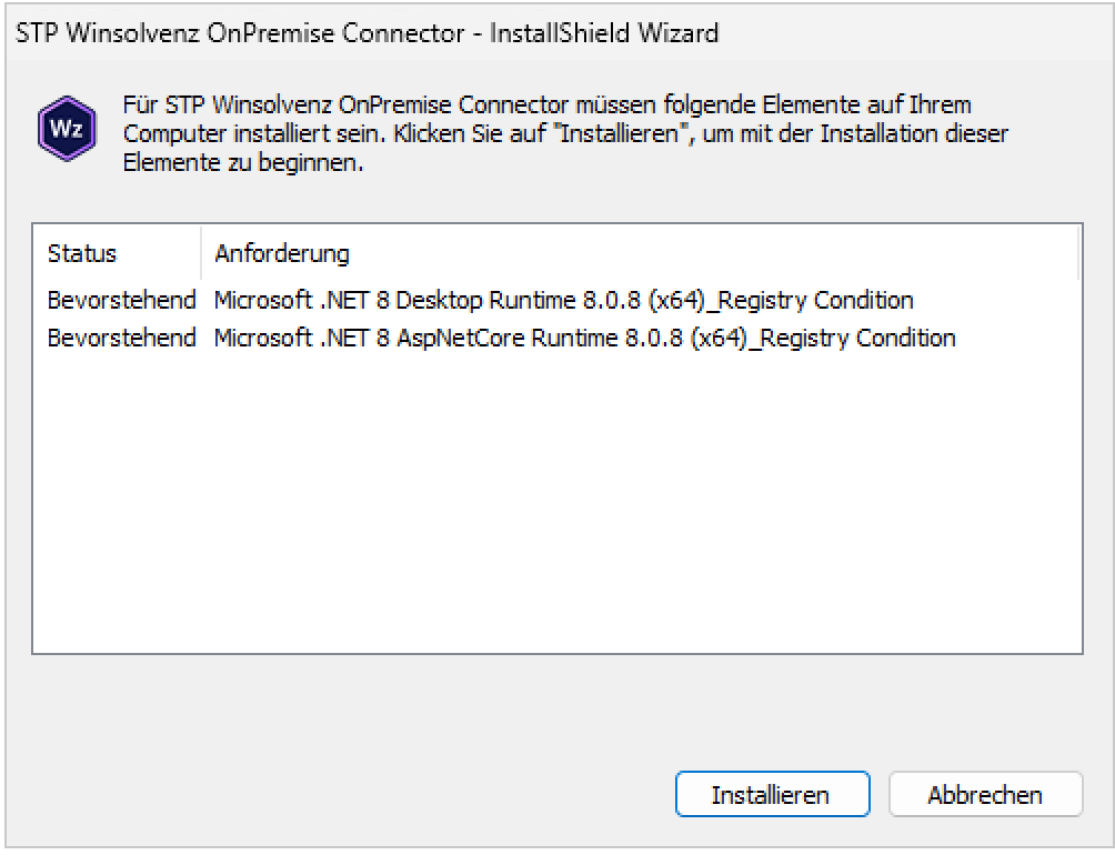 Screenshot des STP Winsolvenz OnPremise Connector Setup-Fensters mit Begrüßungstext und den Schaltflächen Zurück, Weiter und Abbrechen in einer typischen Windows-Installationsoberfläche.