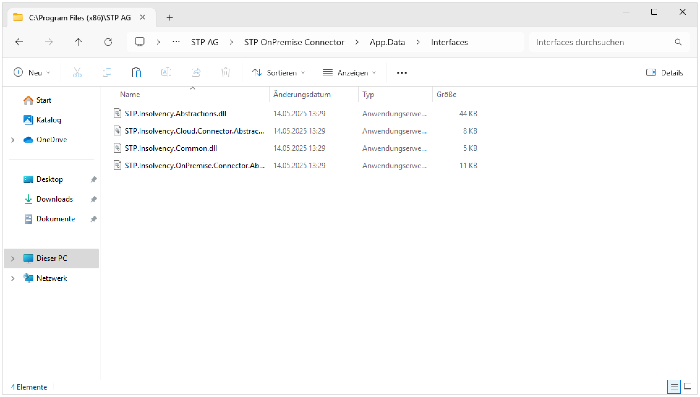 Screenshot des Windows-Explorers mit vier markierten DLL-Dateien im Ordner C:\Program Files (x86)\STP AG\STP OnPremise Connector\App.Data\Interfaces. Die Dateinamen sind sichtbar.