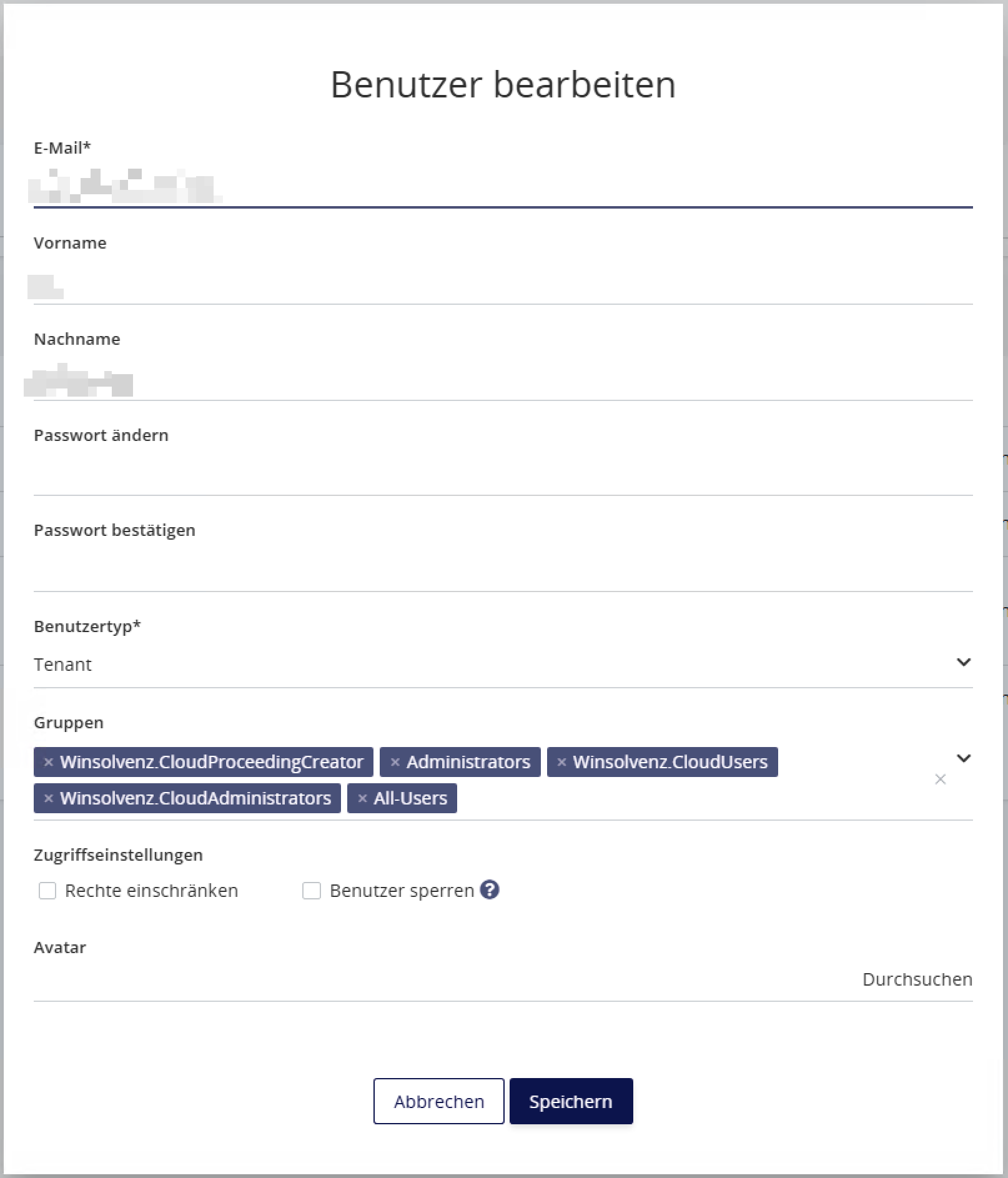 Benutzerverwaltung zeigt einen ausgewählten Nutzer mit zugewiesenen Gruppen Winsolvenz CloudUsers, Winsolvenz CloudProceedingCreator und Winsolvenz CloudAdministrators; Eingabefelder für Name, E-Mail und Gruppen sind sichtbar.