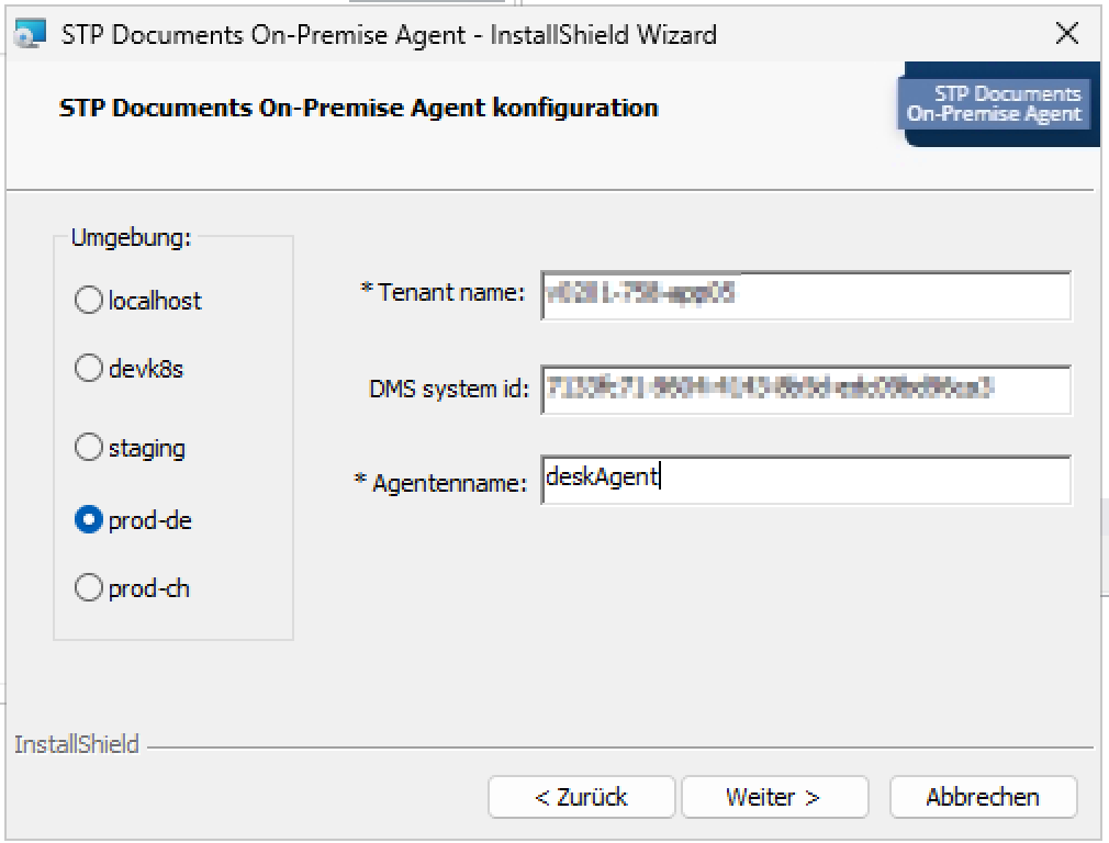 Installationsassistent STP Documents OnPremiseAgent – Schritt: Umgebung konfigurieren. Eingabefelder für Umgebung, Tenant Name, DMS System ID und Agentenname. Unten die Schaltflächen Zurück, Weiter und Abbrechen.