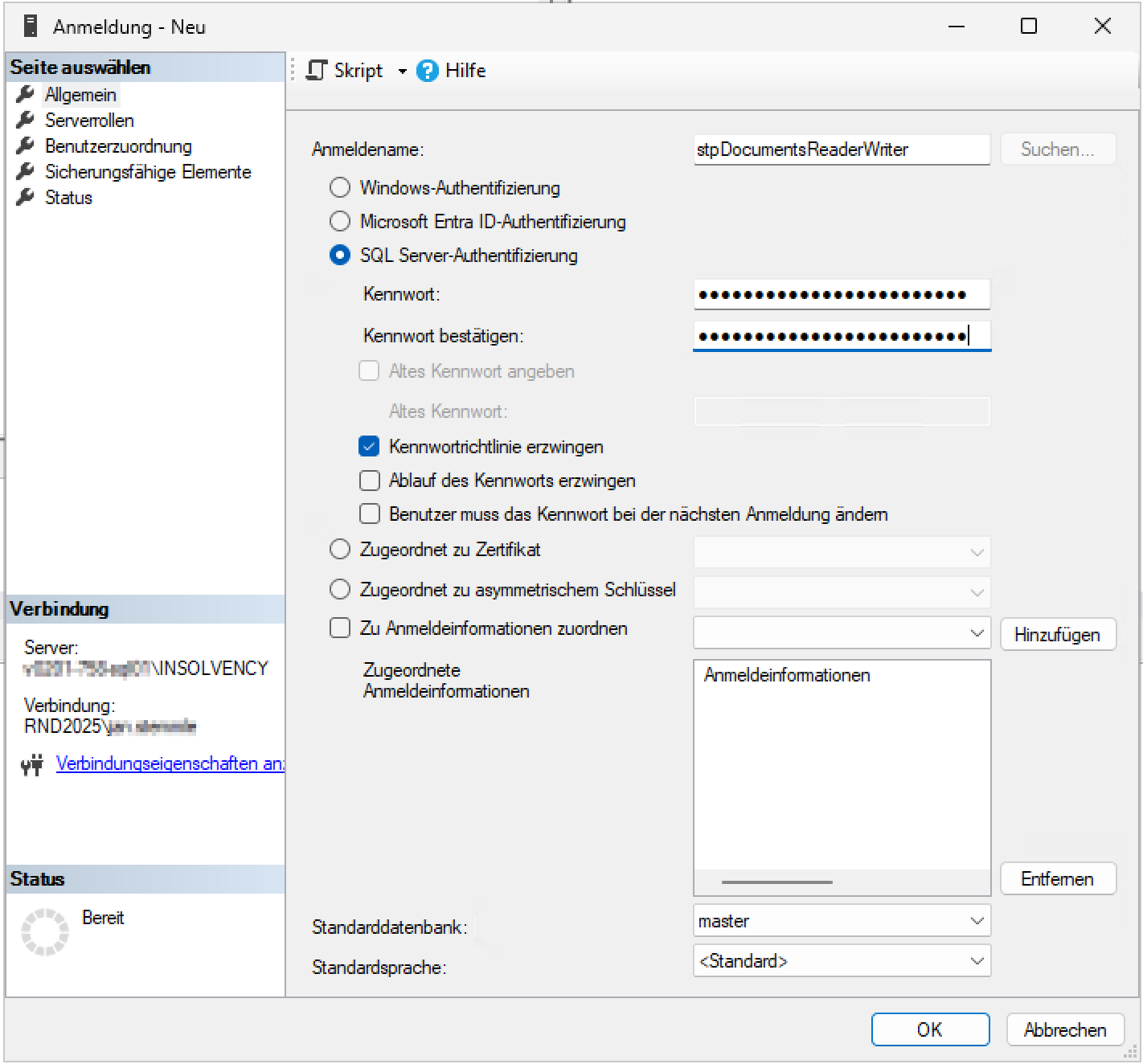 Dialog Neuer Benutzer im SQL Server Management Studio mit ausgefüllten Feldern für Loginname, Authentifizierungsmethode und Passwort. Die Umgebung zeigt das Fenster zur Erstellung eines neuen Datenbankbenutzers mit den Optionen für SQL Server-Authentifizierung und Passwortbestätigung. Die Atmosphäre ist sachlich und informativ. Im Dialog sind die Felder Loginname, Authentifizierung, Passwort und Passwort bestätigen sichtbar.
