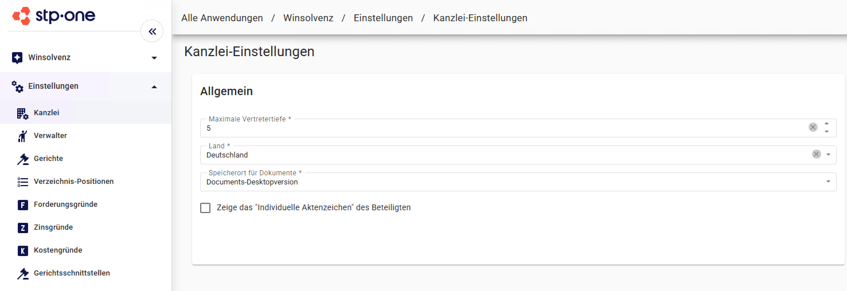 Winsolvenz (cloud) Einstellungen mit ausgewähltem Kanzlei-Bereich und Konfigurationsoptionen wie Maximale Vertretertiefe, Land, Speicherort für Dokumente und Anzeige des individuellen Aktenzeichens.