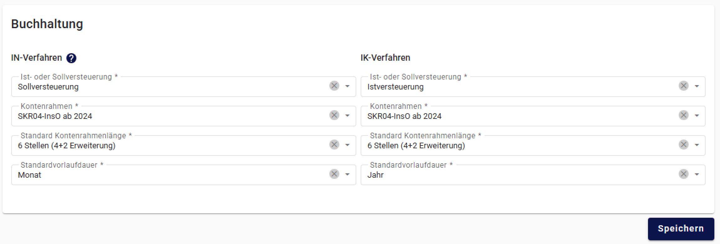 Winsolvenz (cloud) Einstellungen mit Einstellungen für IN-Verfahren sowie IK-Verfahren. Es stehen jeweils Optionen für Ist- oder Sollversteuerung, Kontenrahmen, Standard Kontenrahmenlänge und Standardvorlaufdauer zur verfügung.