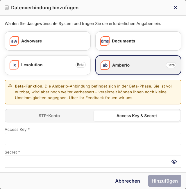 Add data connection dialog with Amberlo selected