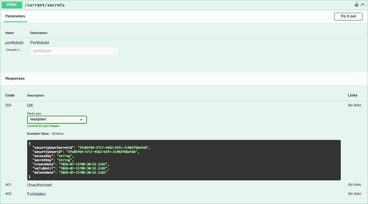 The current/secrets endpoint in the Amberlo Swagger UI