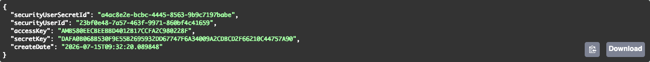 The API response containing accessKey and secretKey