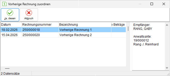 Das Fenster "Vorherige Rechnungen zuordnen"