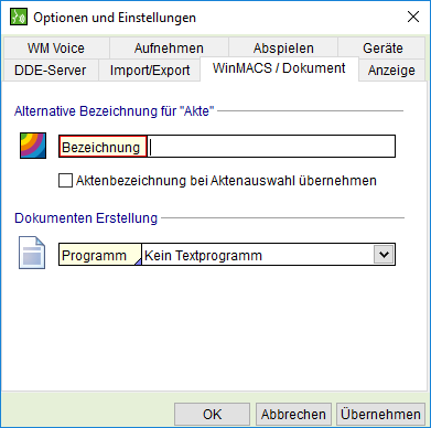 Das Fenster "Optionen und Einstellungen": Registerkarte "WinMACS/ Dokument"