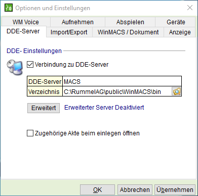 Das Fenster "Optionen und Einstellungen": die Registerkarte "DDE-Server"