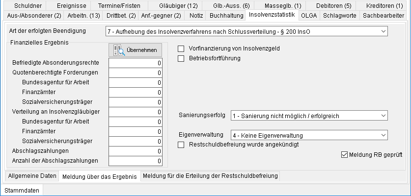 Die Akten-Registerkarte "Insolvenzstatistik"