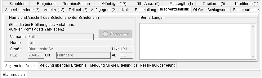 Die Akten-Registerkarte "Insolvenzstatistik"