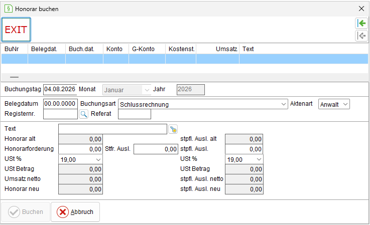 Das Fenster "Honorar buchen"