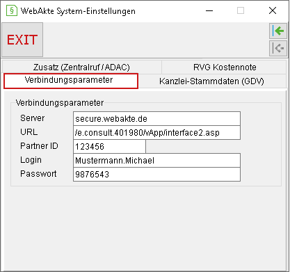 WebAkten-System-Einstellungen: Registerkarte "Verbindungsparameter"