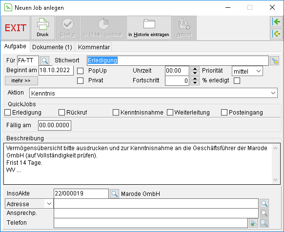 Das Fenster "Neuen Job anlegen"
