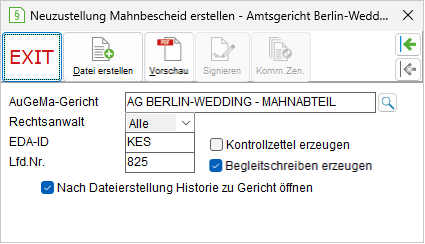 Das Fenster "Neuzustellung Mahnbescheid erstellen"