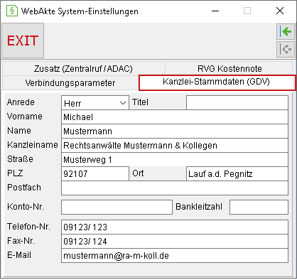 WebAkten-System-Einstellungen: Registerkarte "Kanzlei-Stammdaten (GDV)"