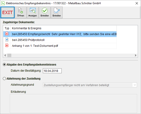 Das Fenster "Elektronisches Emfpangsbekenntnis"
